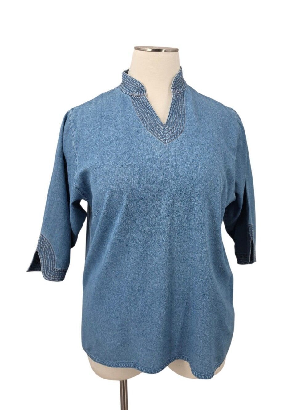 Denim Blue Jean Embroidered V‑Neck Tunic Top Cotton Women's Plus Size 2X